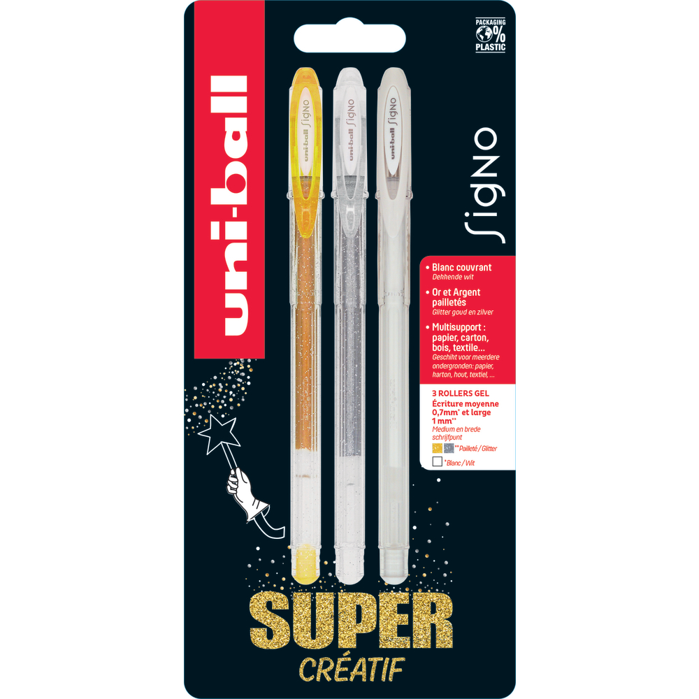 Lot 3 stylos gel Signo Or, Blanc et Argent
