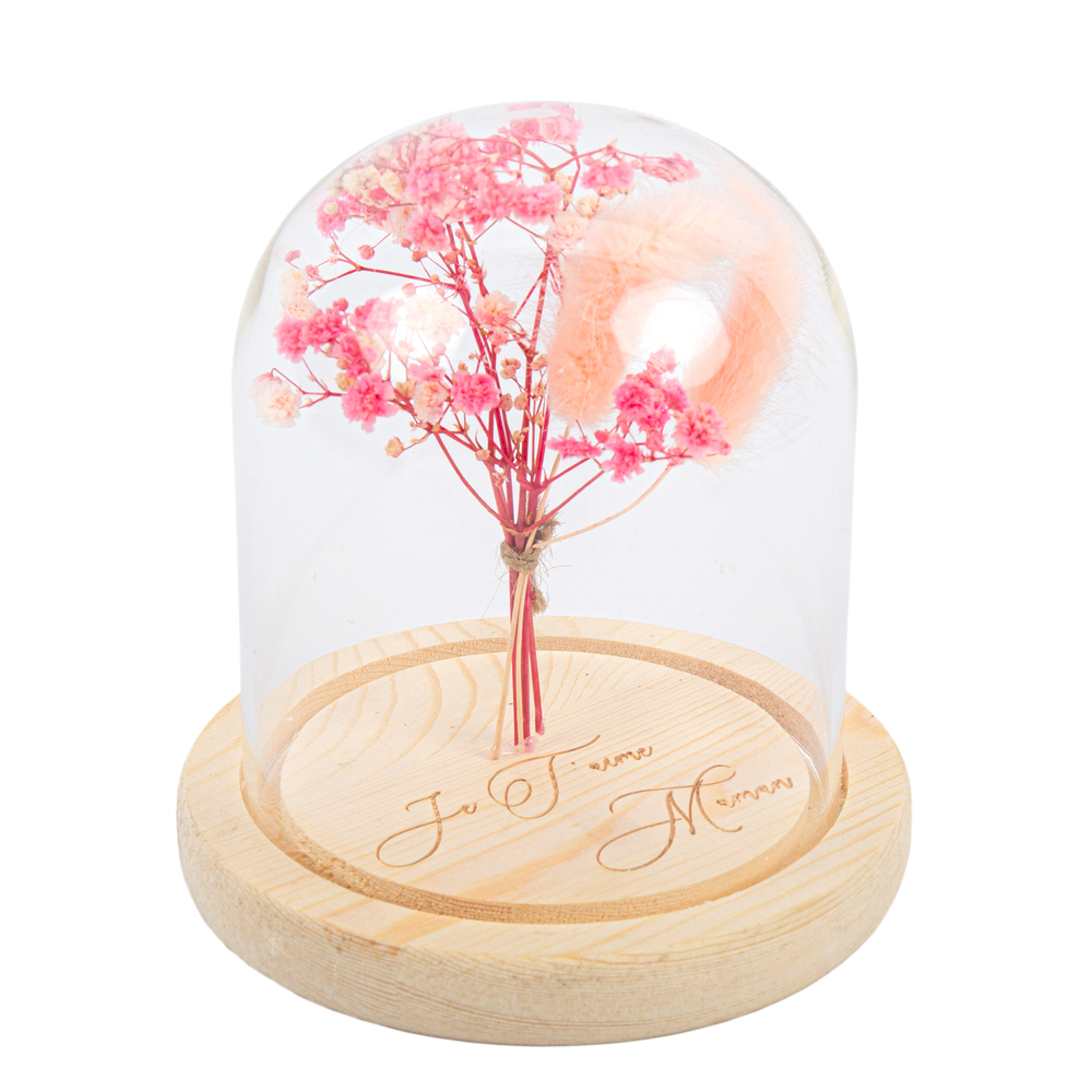 Cloche en verre fleurs séchées roses Je t'aime Maman - 13,5x12,5cm