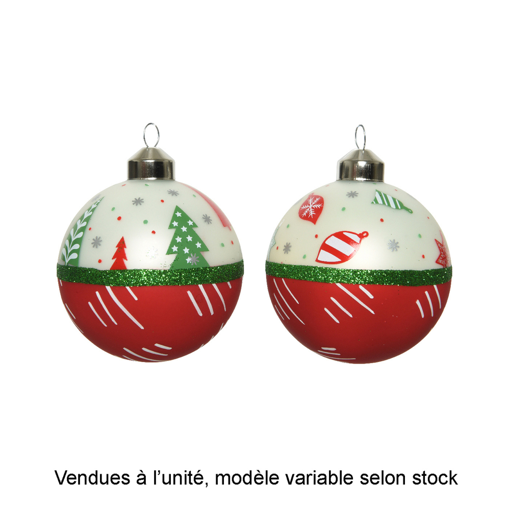 Boule de Noël en verre, coloris rouge/vert/blanc - D. 8cm