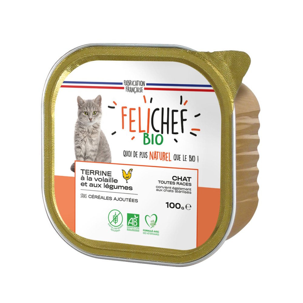 Felichef - terrines sans céréales bio volaille & légumes pour chat