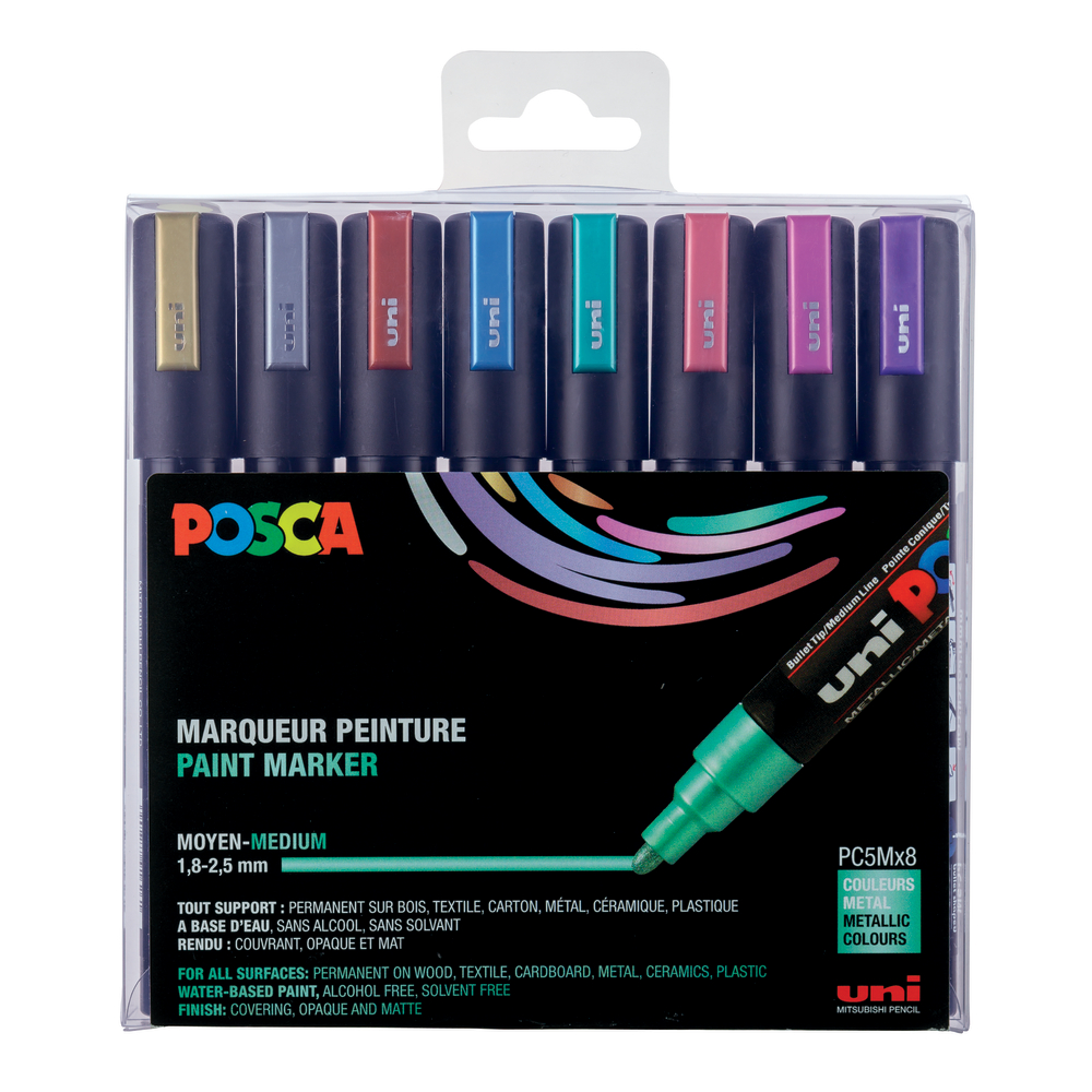 Set 8 marqueurs uni-Posca pointe conique moyenne métallisés assortis