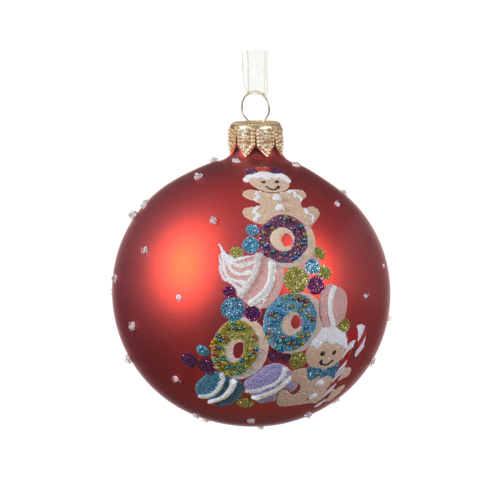 Boule de Noël en verre : donut sapin, coloris rouge - D. 8cm