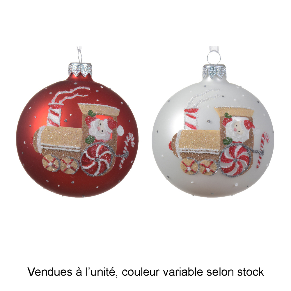 Boule de Noël en verre : père Noël dans un train - D. 8cm