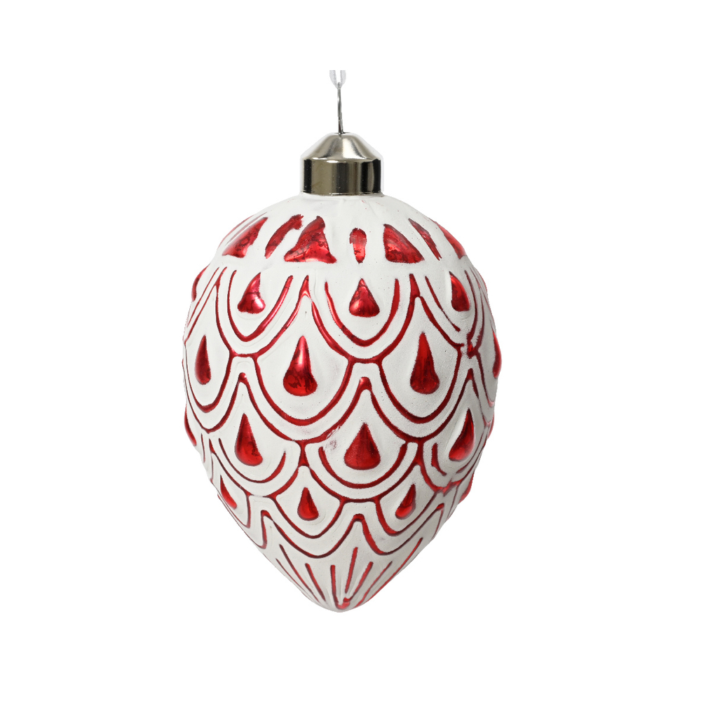 Suspension de Noël en verre : goutte de pluie en relief, rouge/blanc