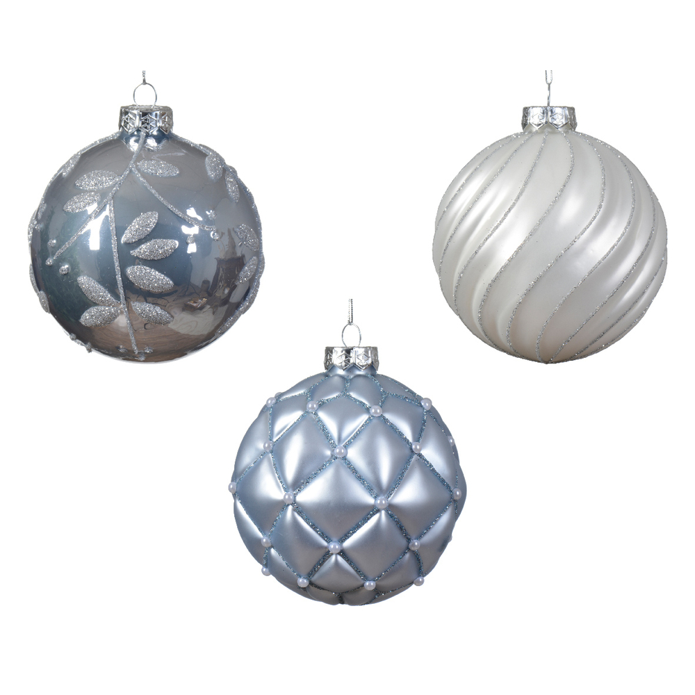 Boule de noël verre ligne-carreaux-feuille D 10 cm