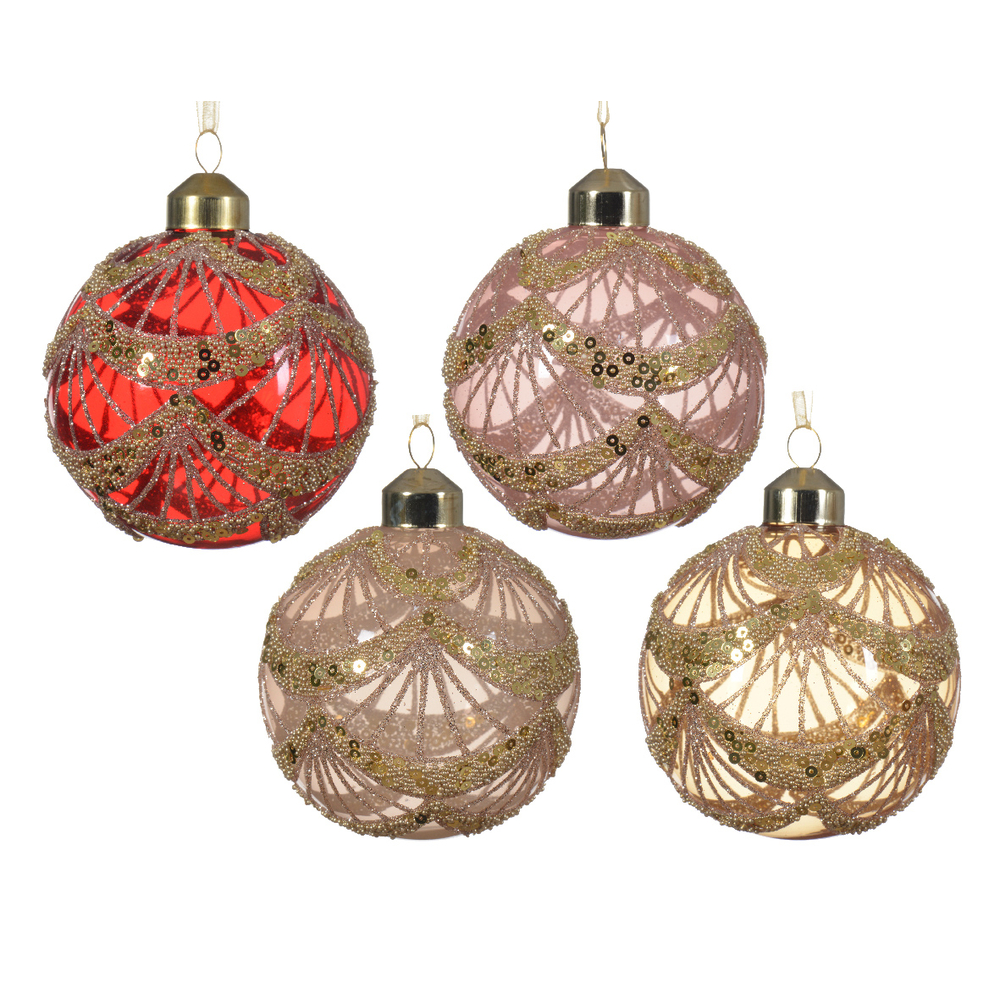 Boule de Noël en verre : grosses paillettes et perles - D. 8cm