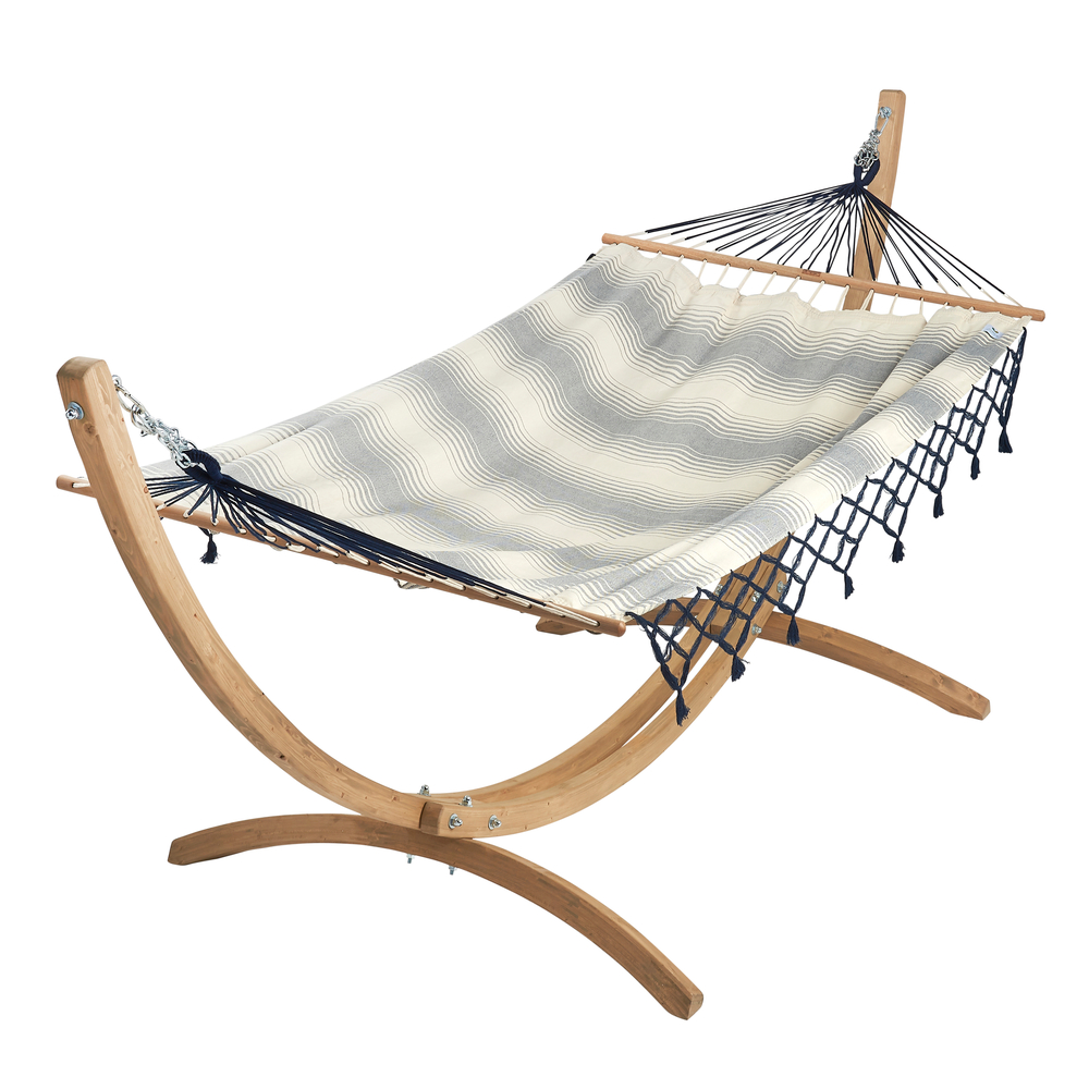 Hamac Rayures et franges avec structure bois EsKapade 323x125x H. 128cm
