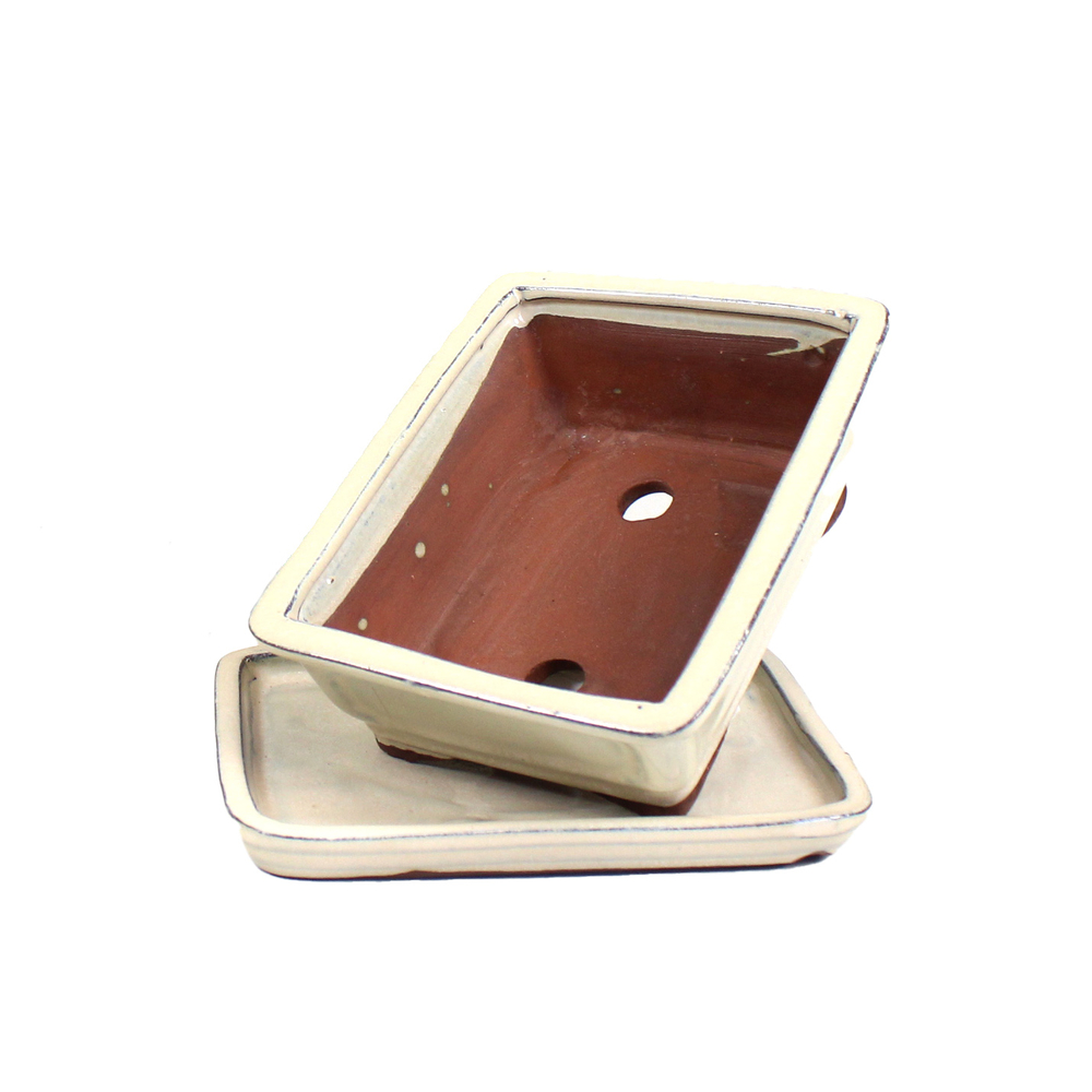 Pot Basic pour bonsaï avec plateau en céramique, coloris crème - 20cm