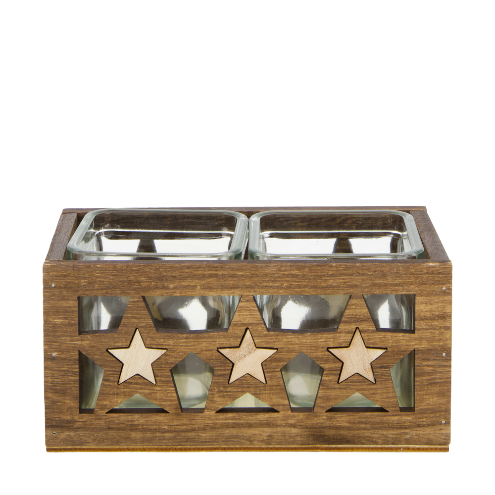 Photophore en bois de paulownia avec verre - 17x9. 5x8cm