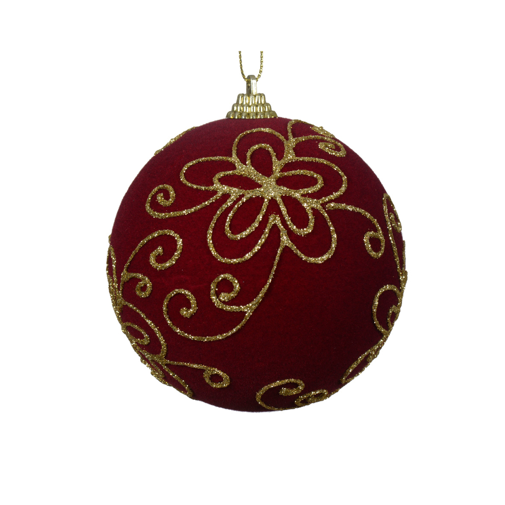 Boule de Noël en mousse, motif Fleurs, coloris bordeaux et or - D. 10cm