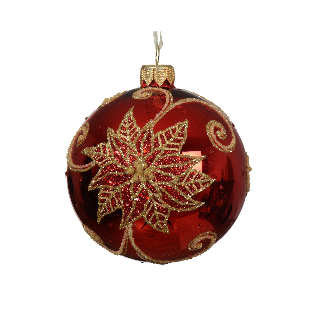 Boule de Noël en verre : motif poinsettia, coloris rouge - D. 8cm