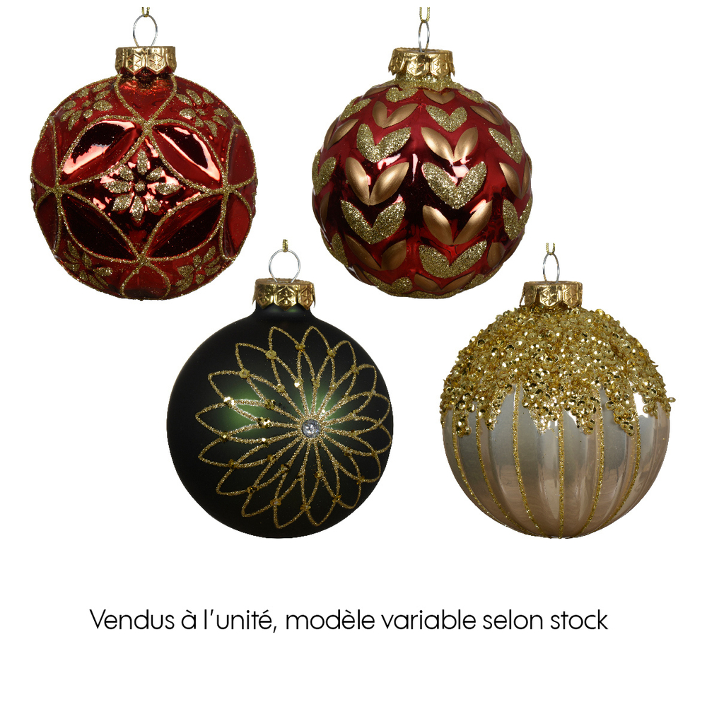 Boule de Noël en verre avec sequins paillettes, verte ou rouge - D. 8cm