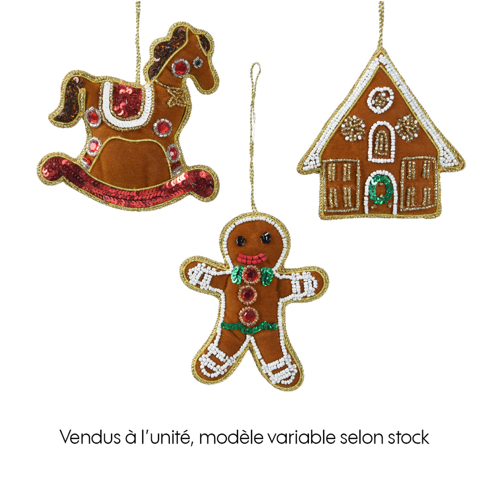 Suspension de Noël : broderie avec perles en verre incrustées - H. 8cm