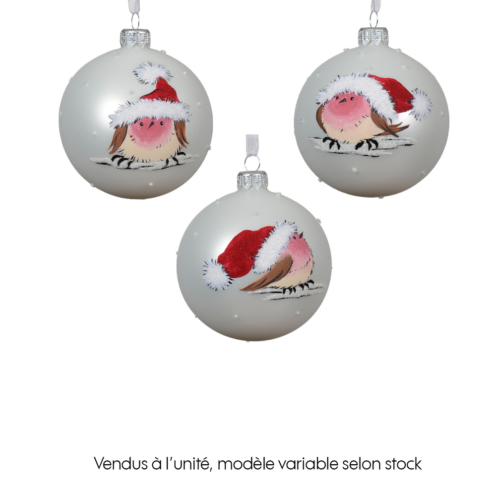 Boule de Noël en verre, motif Rouge-gorge en hiver - D. 8cm