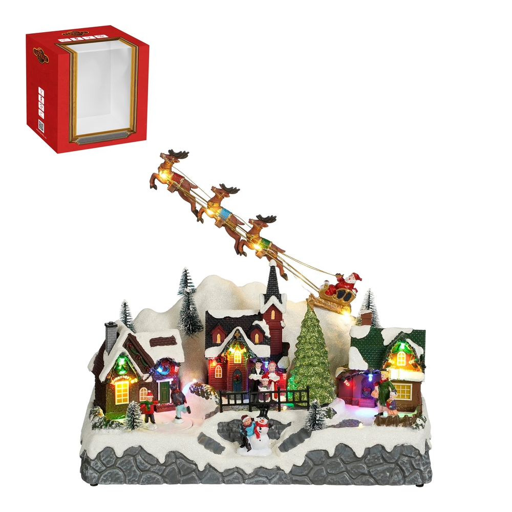 Scène animée, père Noël, luge et renne - H. 27. 5cm