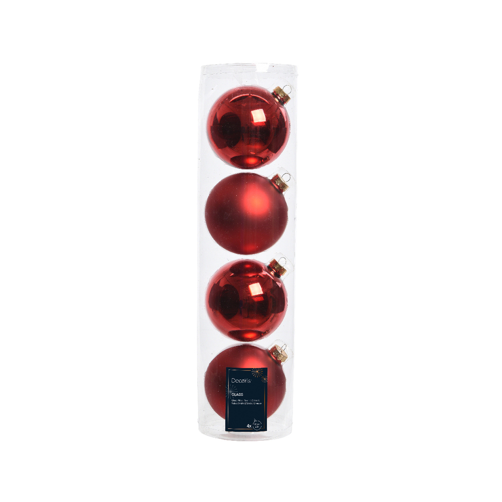 4 boules de Noël en verre mat et brillant, coloris rouge - D. 10cm