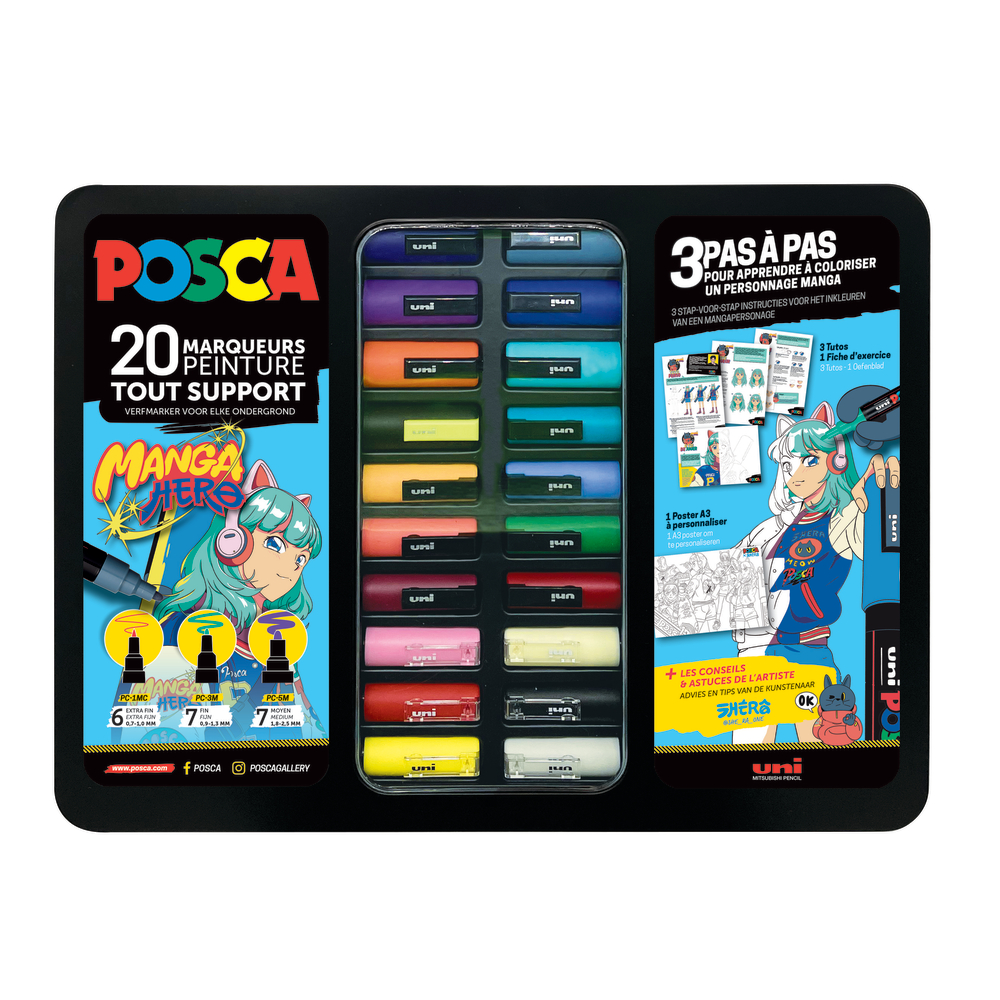 Malette métal avec tuto pour coloriage Manga, 20 marqueurs de couleurs