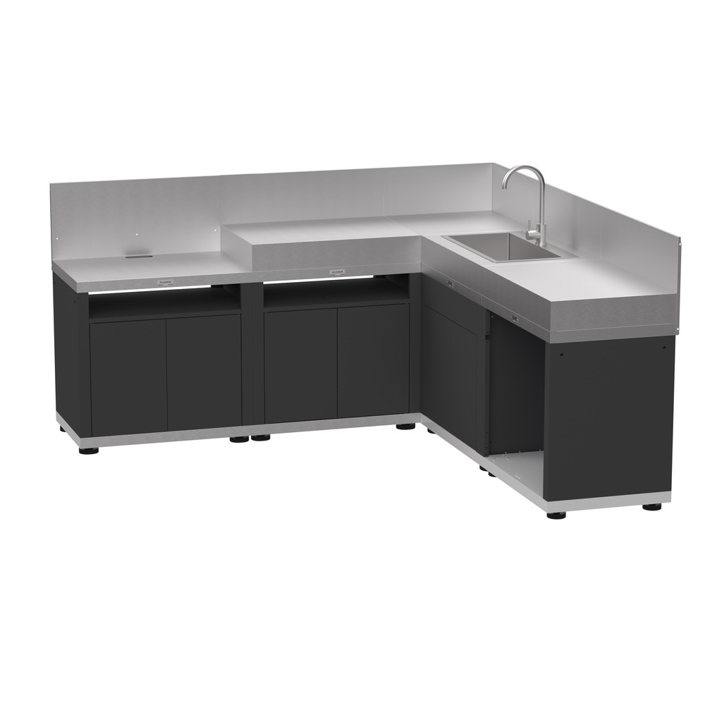 Cuisine d'angle 5 élements avec crédences, coloris noir et inox
