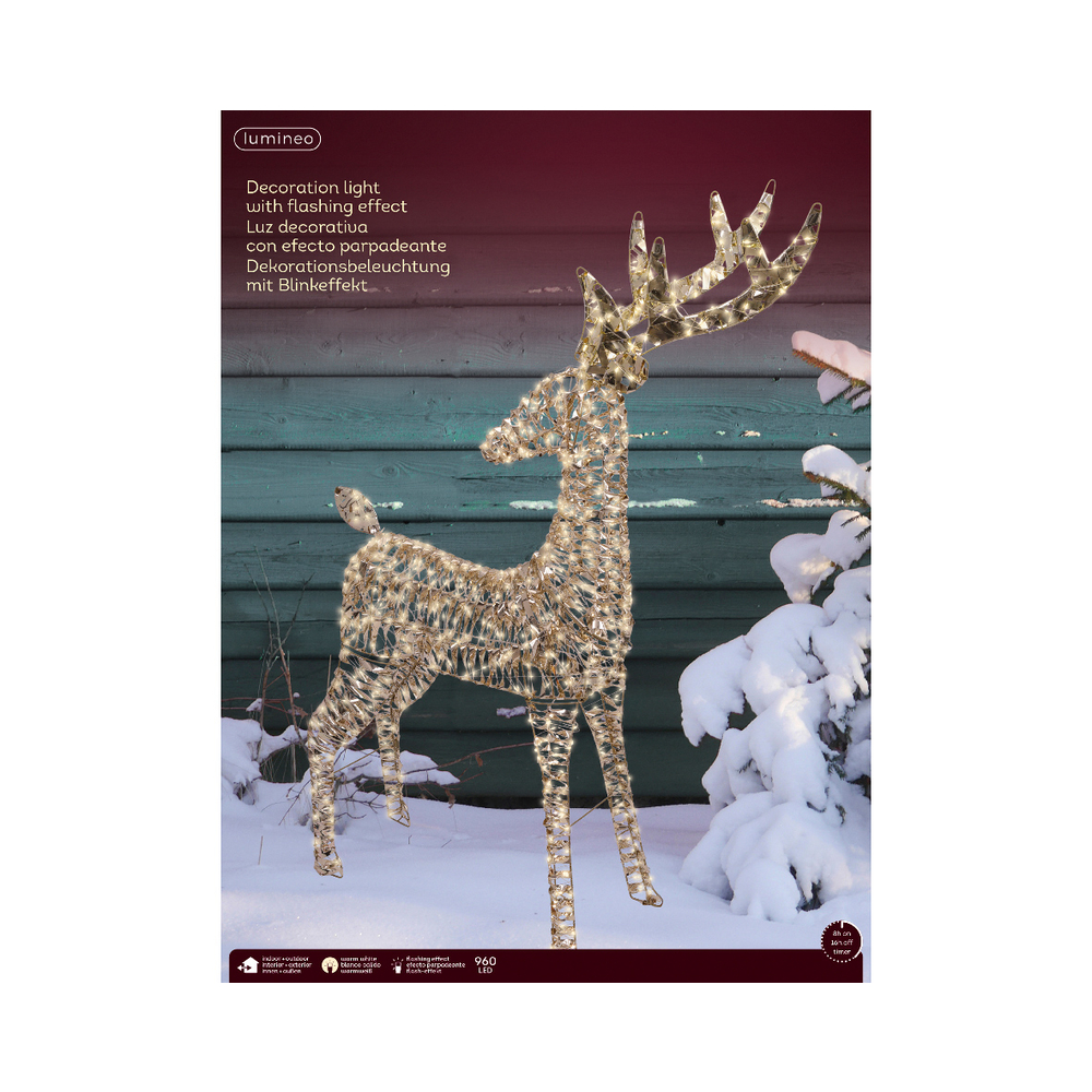 Renne de Noël lumineux, LED blanche chaude, coloris or - H. 130cm