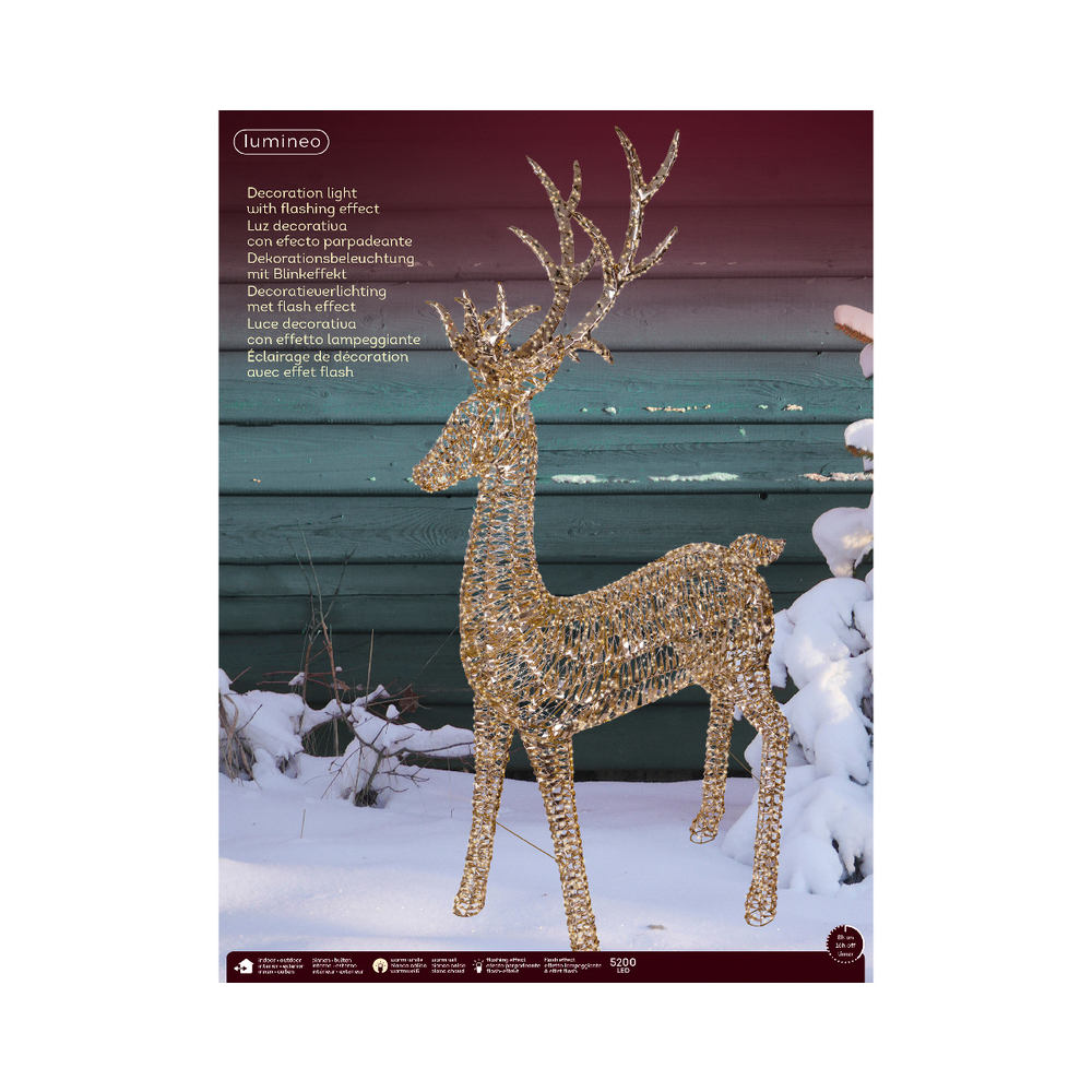 Renne de Noël lumineux, LED blanche chaude, coloris or - H. 270cm