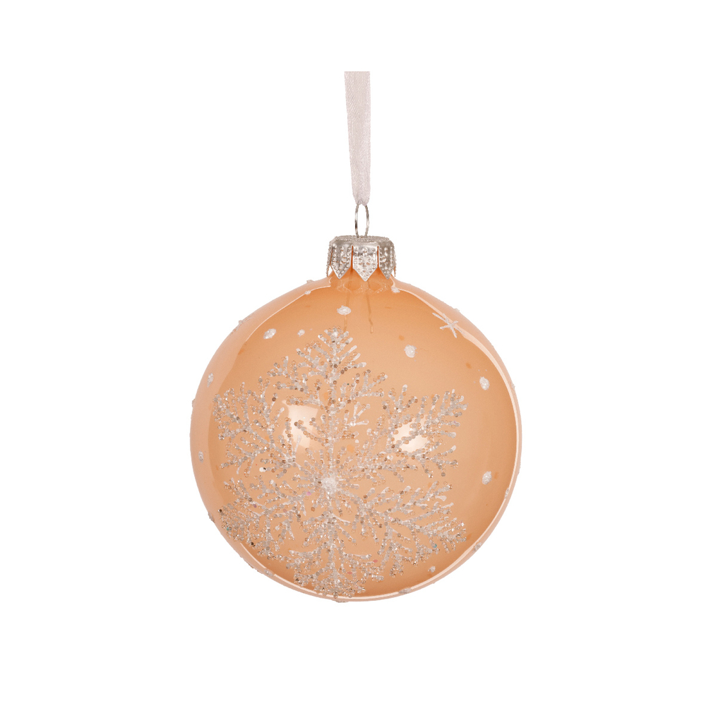 Boule de Noël en verre : motif flocon de neige, coloris pêche - D. 8cm