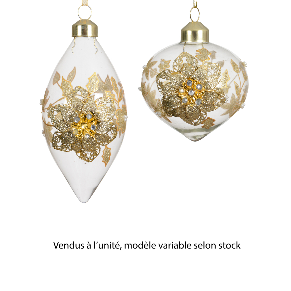 Suspension olive en verre avec fleurs -coloris doré - D8cm