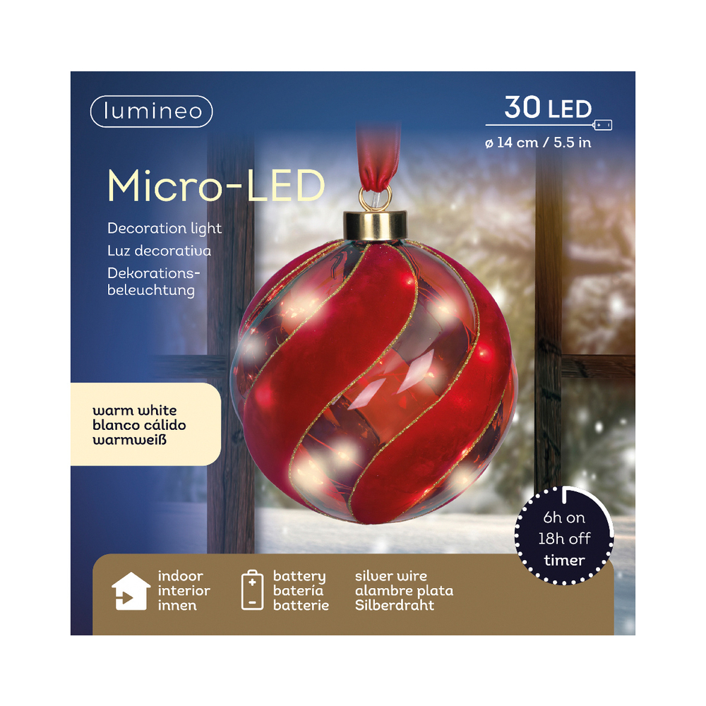 Boule de Noël en verre, intérieur, led blanc chaud, rouge - D. 14cm