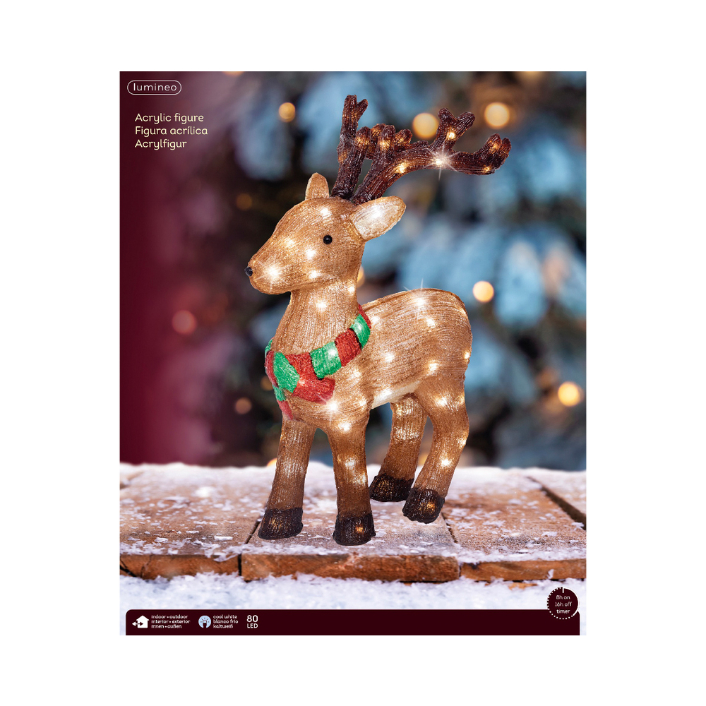 Renne de Noël lumineux, LED blanche froide, coloris marron - H. 54cm