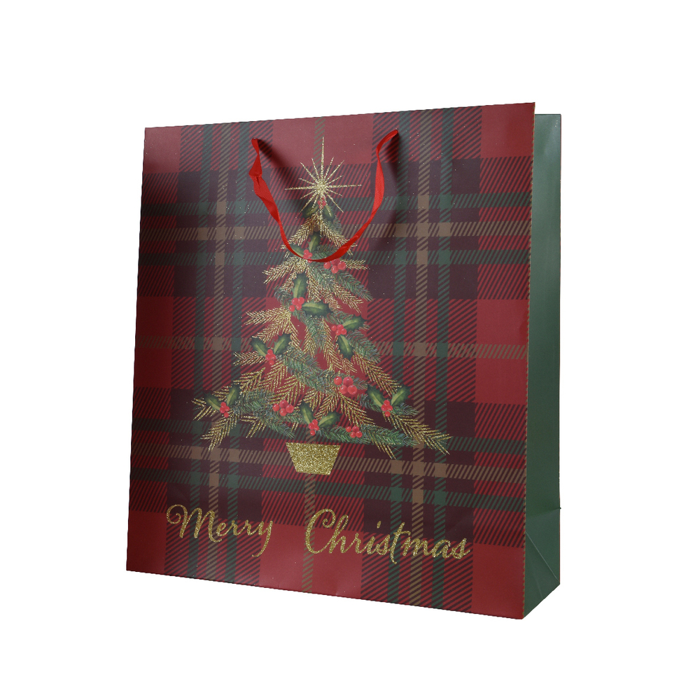 Sac cadeau Merry Christmas, motif sapin de Noël - 16x42xH. 48cm
