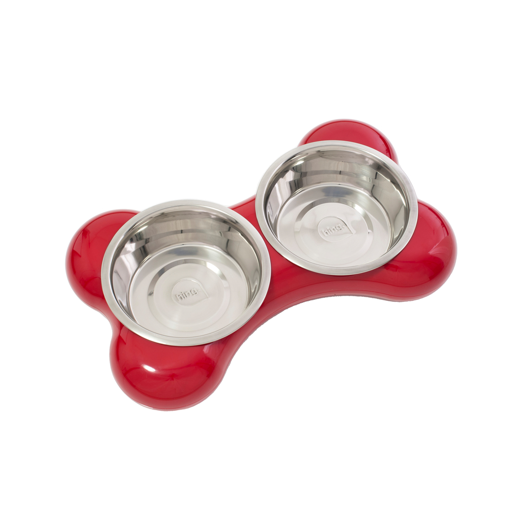 Gamelle double pour chien, design os, coloris rouge - 250ml