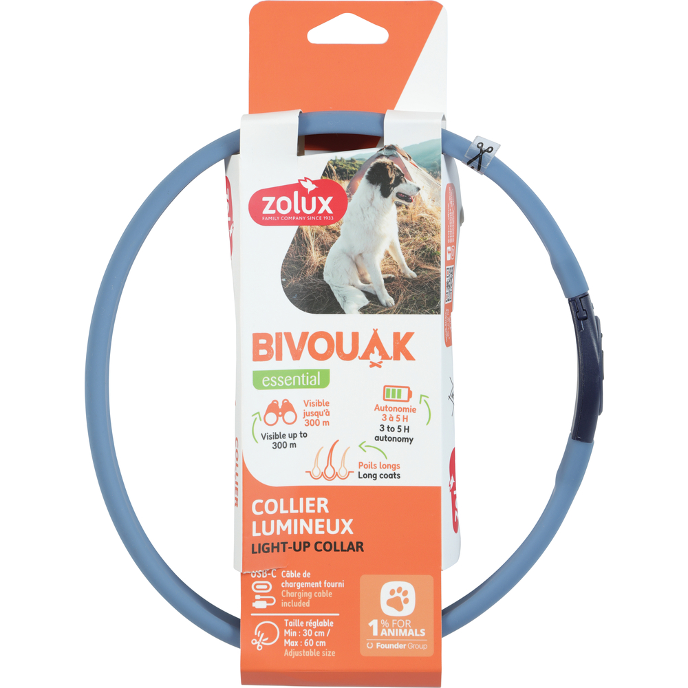 Collier lumineux pour chien à poils longs Bivouak, coloris bleu