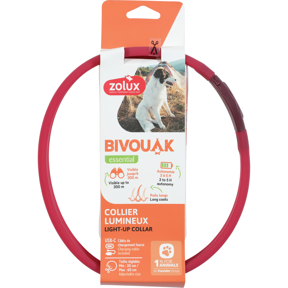 Collier lumineux pour chien à poils longs Bivouak, coloris rouge