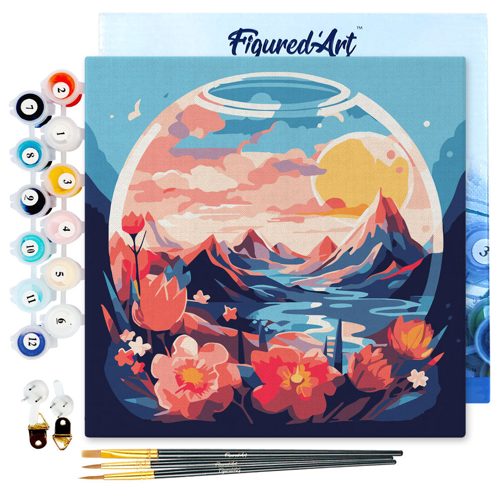 Mini kit de peinture par numéro 'Montagnes et fleurs' - L. 20xl. 20cm