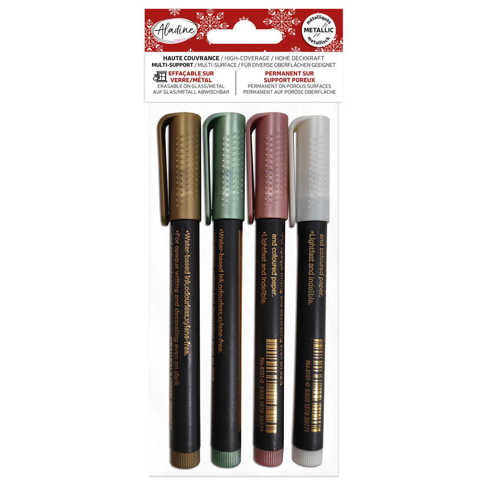 4 feutres métalliques, coloris doré/blanc/vert/rose