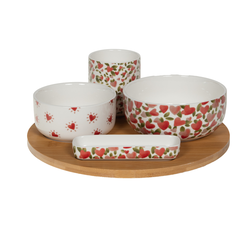 Coffret de 4 bols et plateau tournant en bois, motif cœurs - D. 28,5cm
