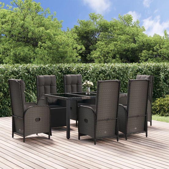 Ensemble à manger jardin et coussins 7 pcs noir et gris rotin