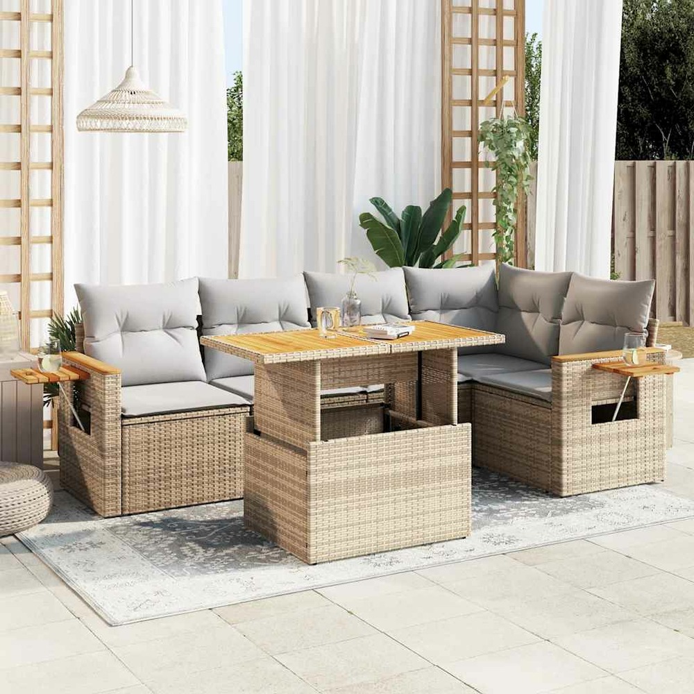 Salon de jardin 6 pcs avec coussins beige résine tressée acacia