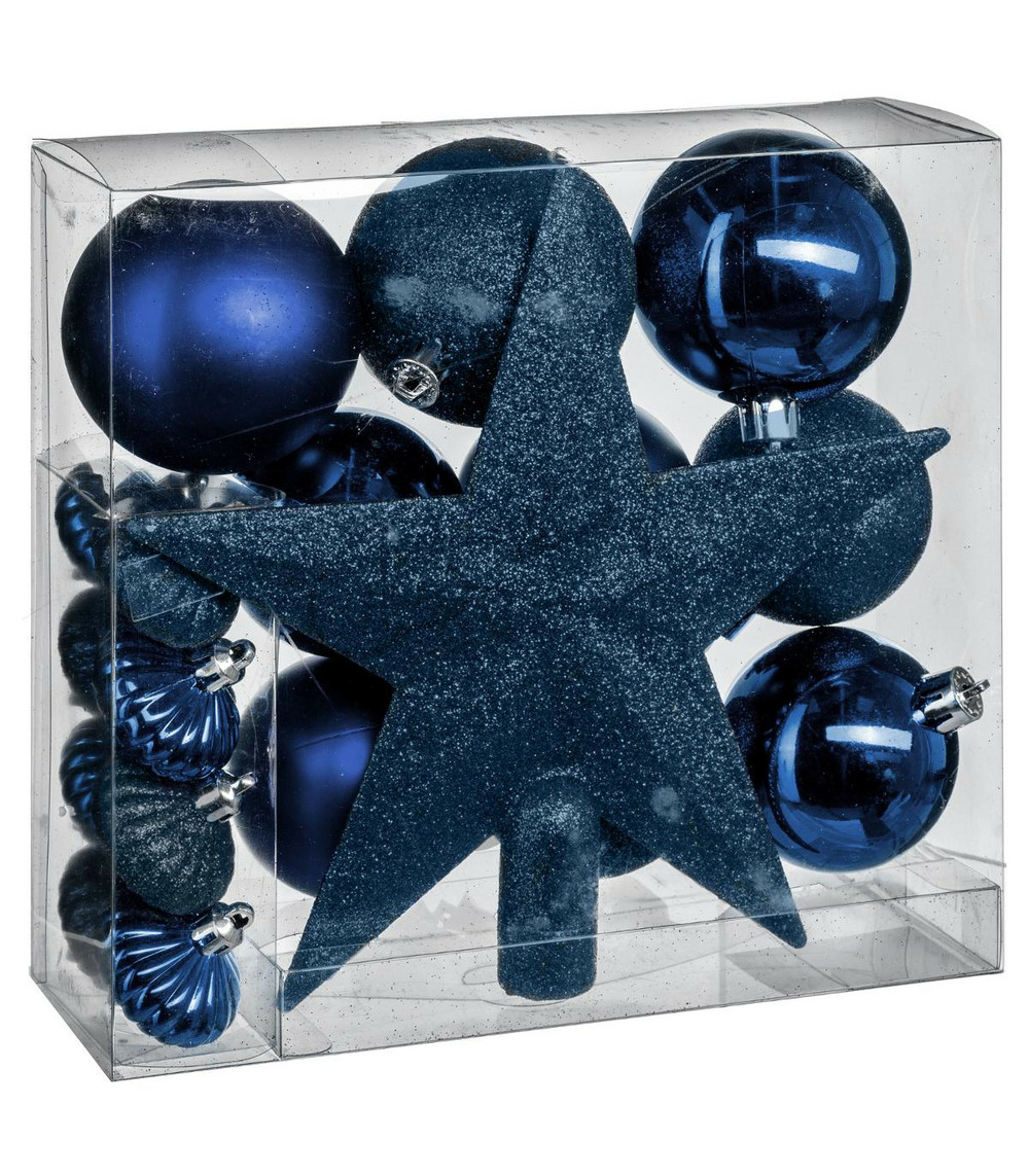 Déco de sapin de noël kit de 18 pièces boules et cimier - bleu