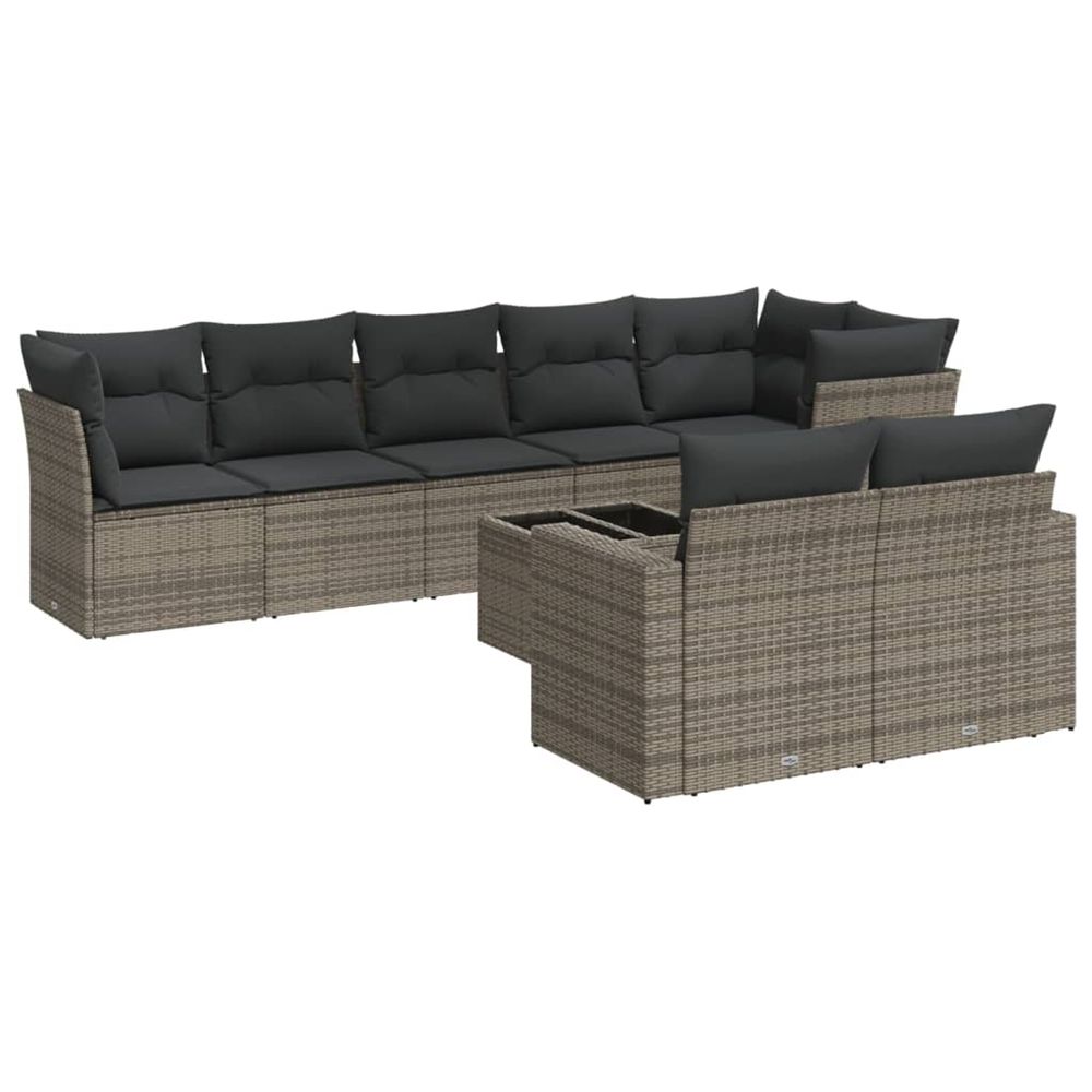 Salon de jardin 9 pcs avec coussins gris résine tressée