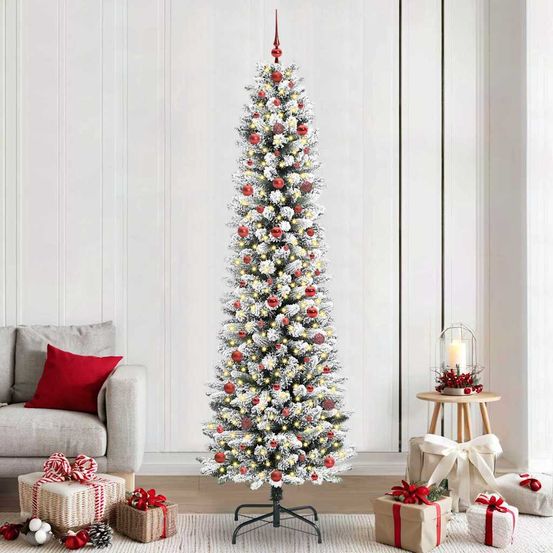 Sapin de noël haut de 240 cm look enneigé, prêt à décorer avec lumières et boules