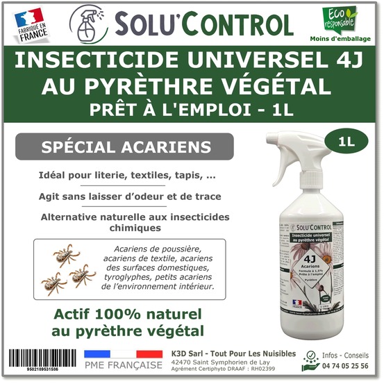 Solu’control anti-insecte universel 4j au pyrèthre végétal – prêt à l’emploi 1l – spécial acariens – literie, textiles, tapis...