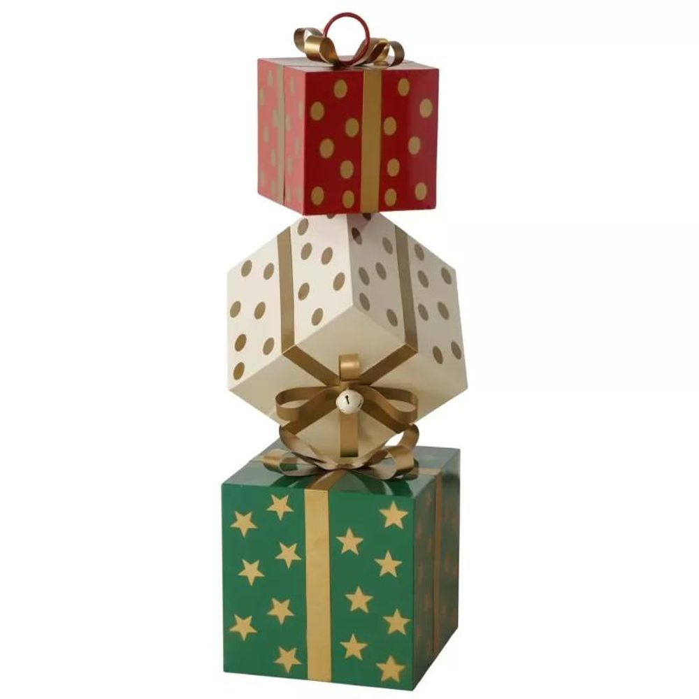 Cadeaux superposés boltze h 110 cm – décoration de noël en métal rouge, vert et doré