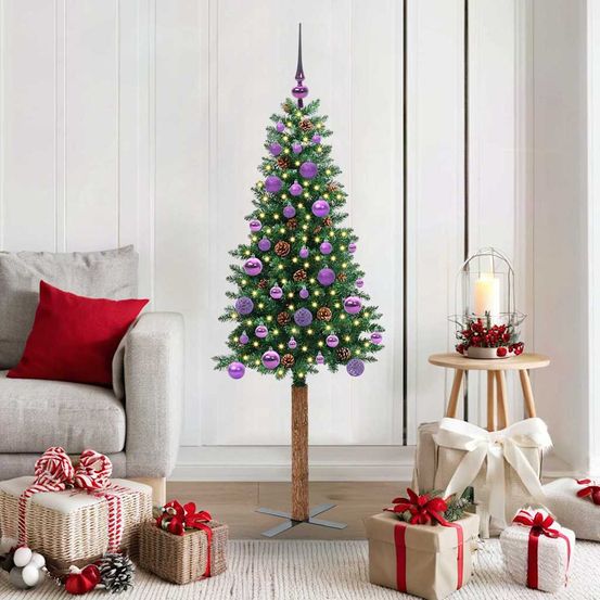 Sapin de noël authentique 150 cm, tronc en bois de pin, pré-éclairé 150 led et décorations fournies