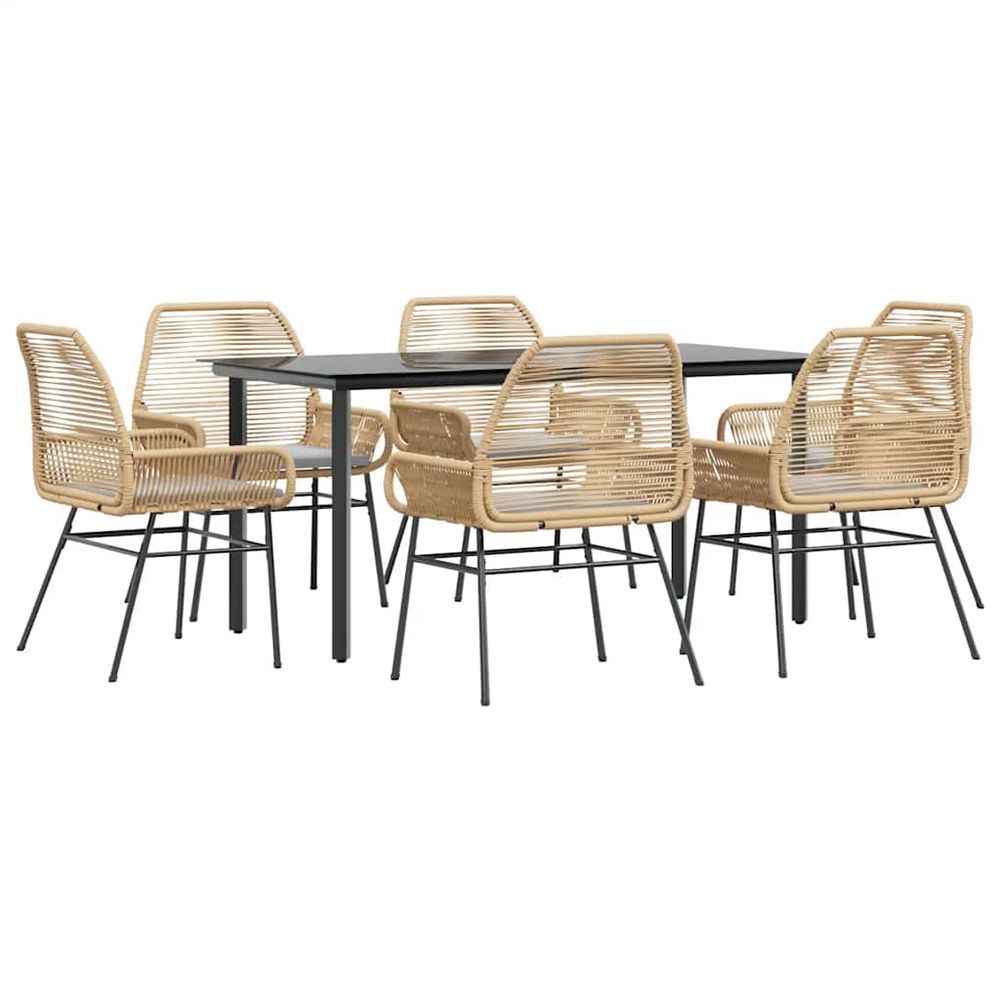 Ensemble à manger jardin coussins 7pcs marron poly rotin verre