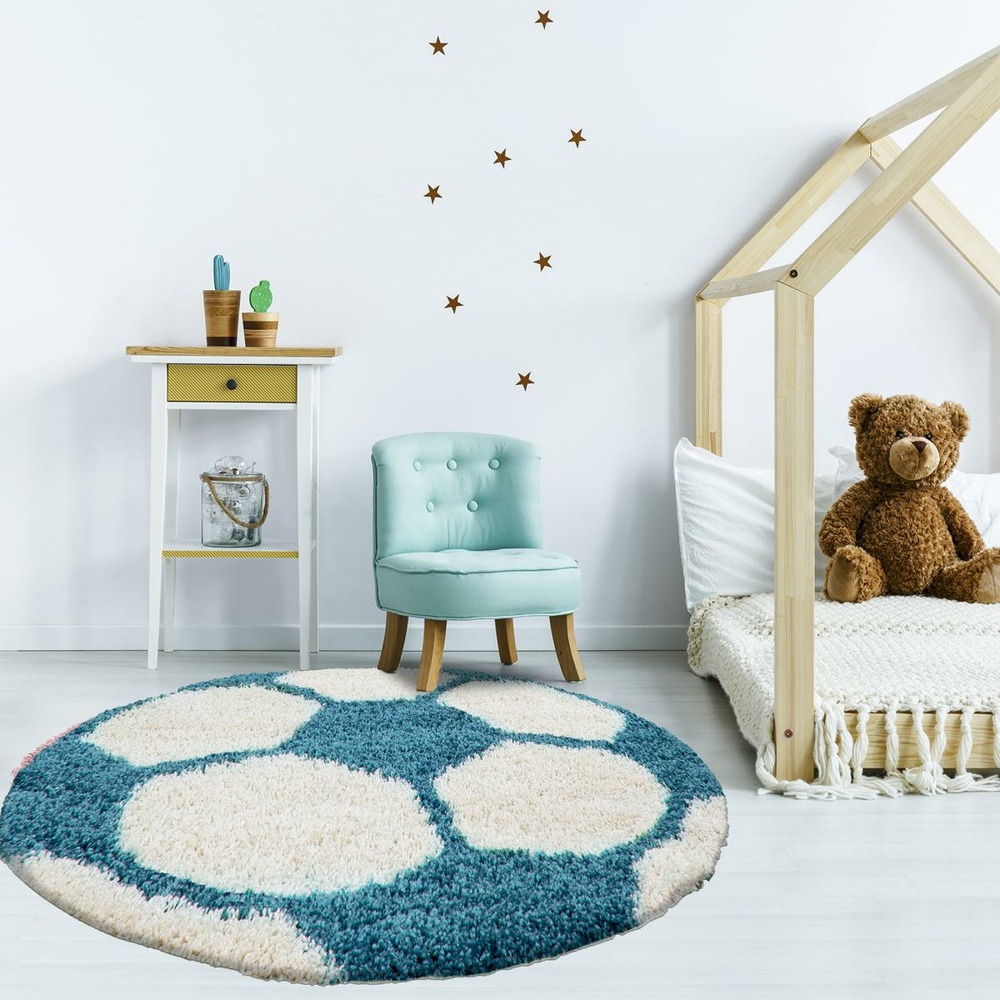 Tapis enfant ø100cm rond tissé turquoise et crème shaggy foot