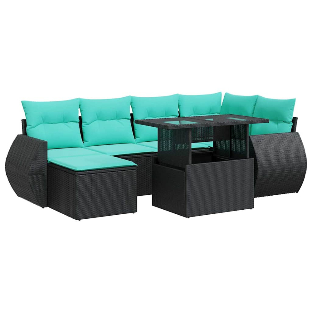 Salon de jardin avec coussins 7 pcs noir résine tressée acacia