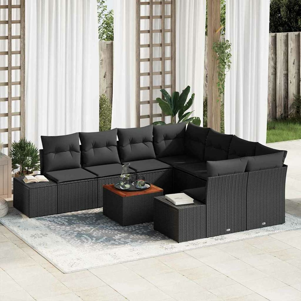 Ensemble de canapé de jardin avec coussin 9 pcs noir polyrotin