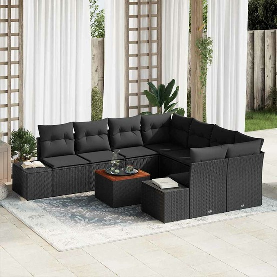 Ensemble de canapé de jardin avec coussin 9 pcs noir polyrotin