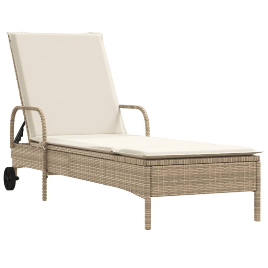 Chaise longue avec roues et coussin beige résine tressée bain de soleil