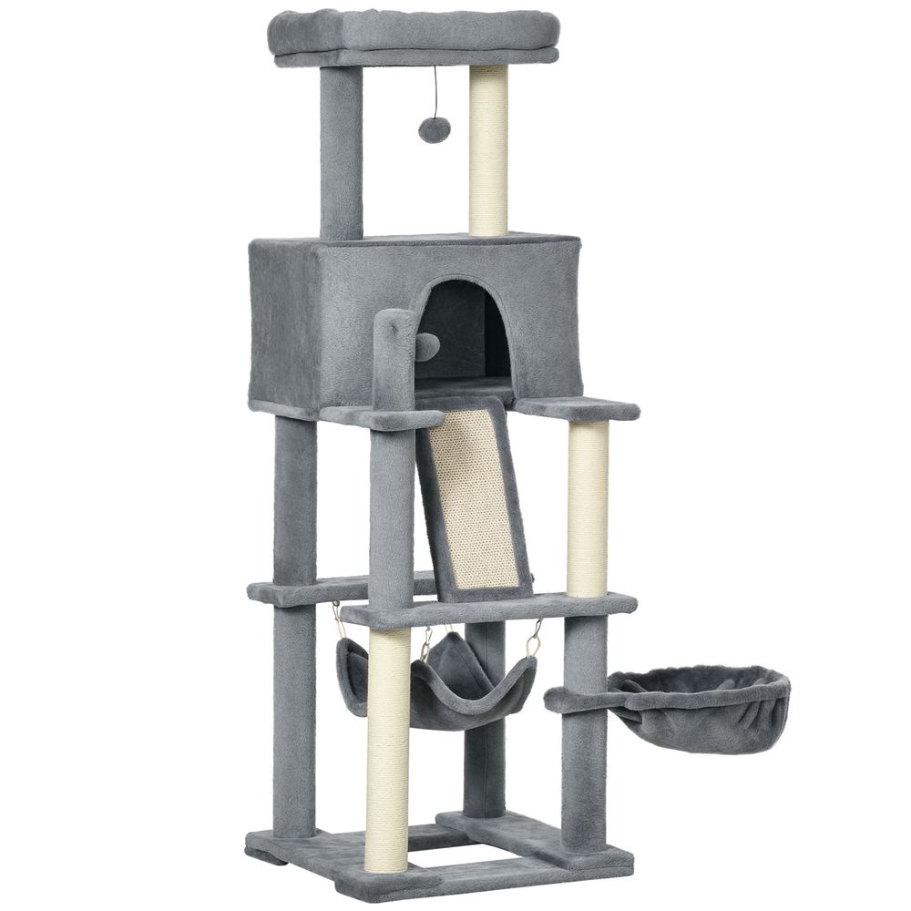 Arbre à chat peluche sisal pour chats griffoir et hamac 48x48x140cm gris
